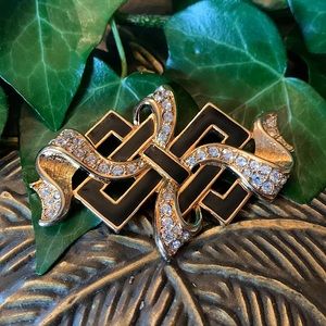 Vintage 1980’s Swarovski Black Gold Plated Ribbon Brooch Clear Pave Rhinestones